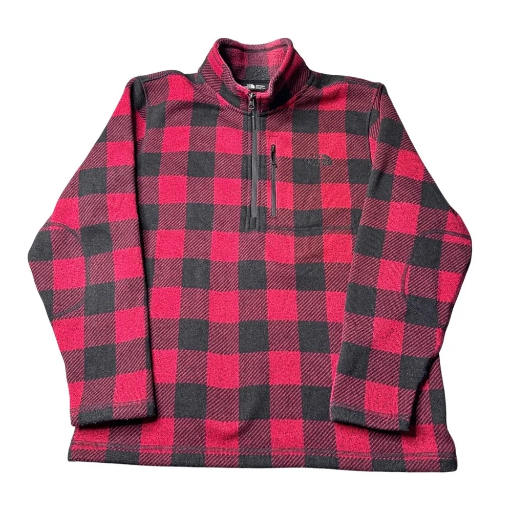 The North Face Mens XL Red Black Buffalo Plaid Quarter Zip Fleece Jacket